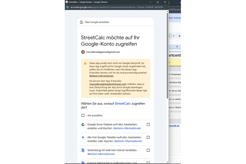 Google-Berechtigungsabfrage für GastroCalc FREE – Auswahl der Zugriffsrechte beim ersten Start