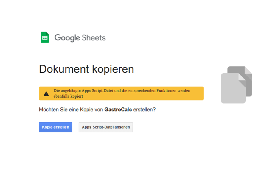 Google Sheets Dialog zum Erstellen einer Kopie von GastroCalc FREE beim ersten Öffnen
