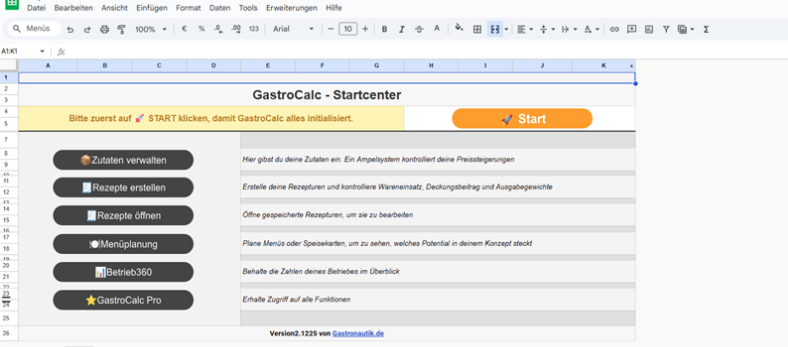 GastroCalc Startcenter – Klick auf den orangenen Start-Button, um das Programm zu starten