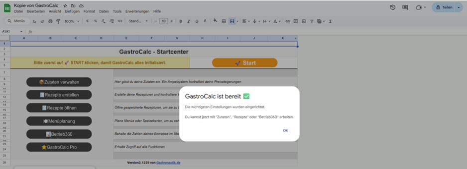 Erfolgsmeldung im GastroCalc Startcenter – Tool wurde erfolgreich eingerichtet