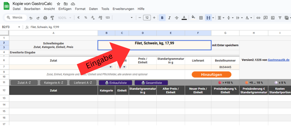 Schnelleingabe in GastroCalc zur Eingabe einer Zutat mit Name, Kategorie, Einheit und Preis.